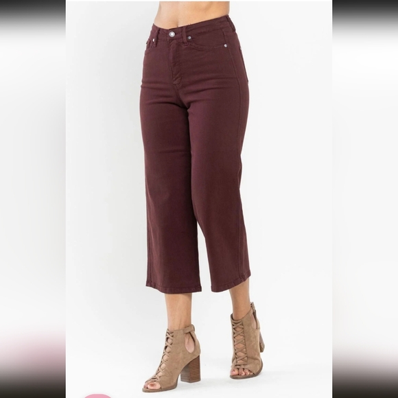Judy Blue Denim - Judy Blue tummy control garment-dyed high-rise wide-leg crop jeans oxblood sz 29